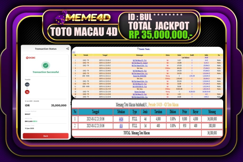 Bukti Jp MEME4D Togel Online 13 JANUARI 2025