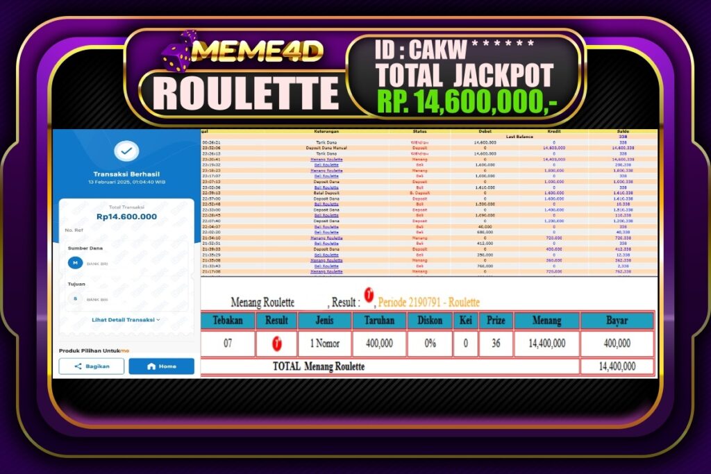 Bukti Jp MEME4D Casino Online 13 Februari 2025