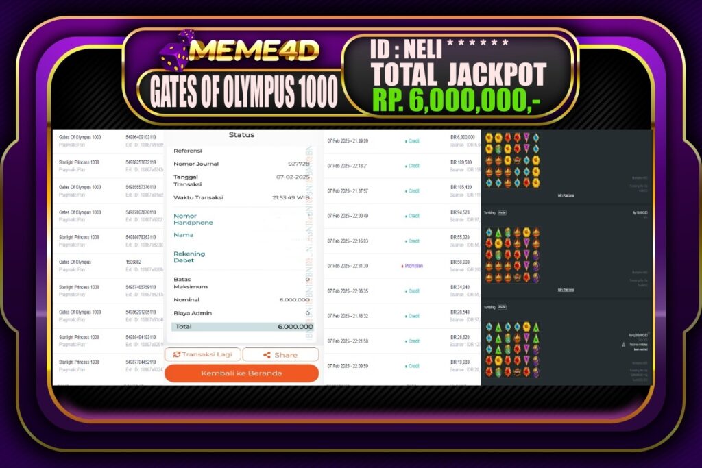 Bukti Jp MEME4D Slot Online 08 Februari 2025
