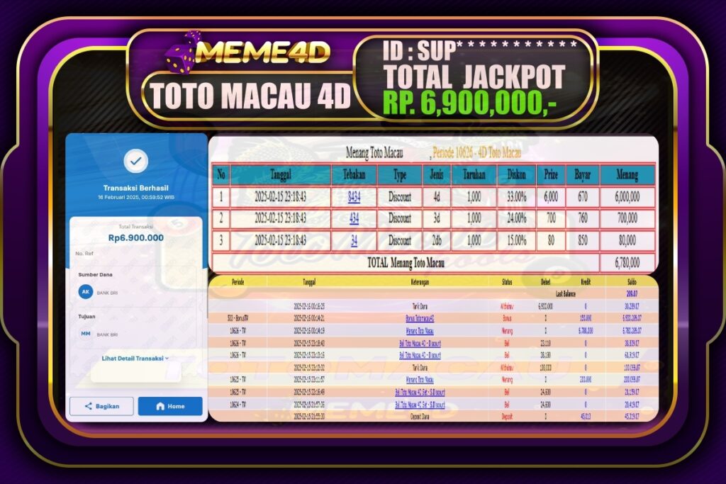 Bukti Jp MEME4D Togel Online 16 Februari 2025