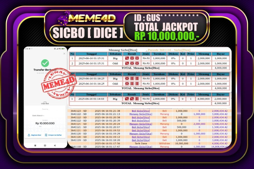 Bukti Jp MEME4D Casino Online 16 Juni 2025