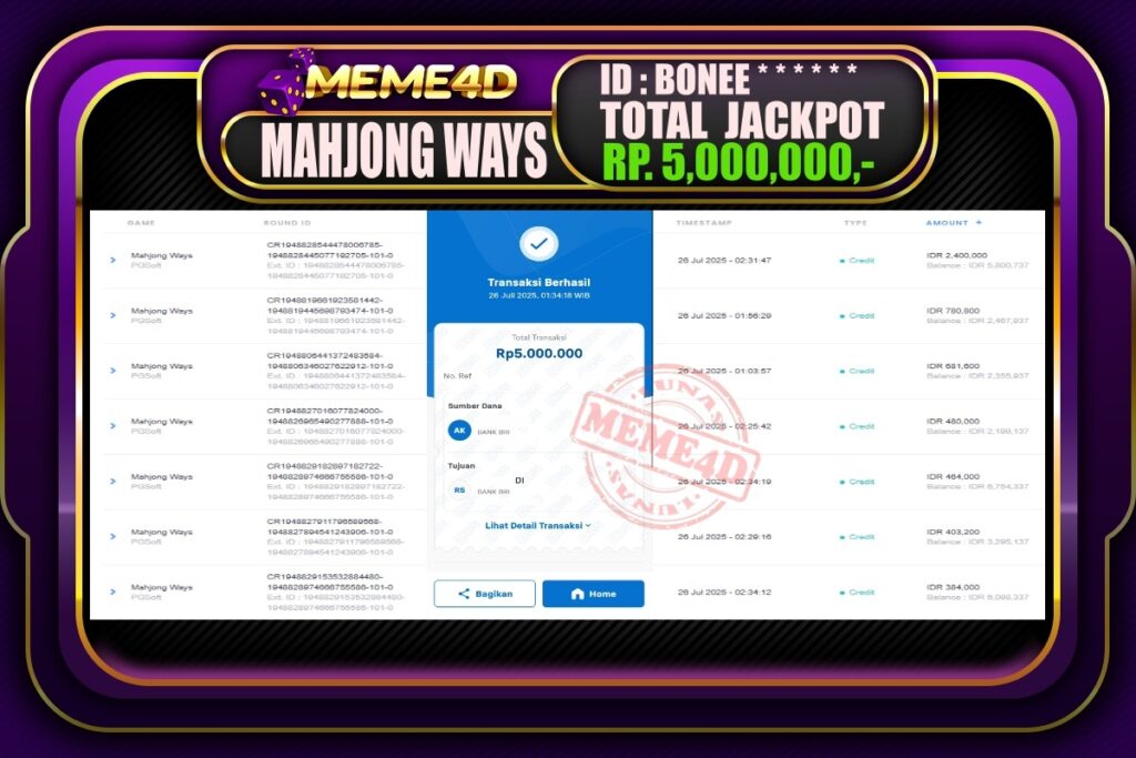 Bukti Jp MEME4D Slot Online 26 Juli 2025