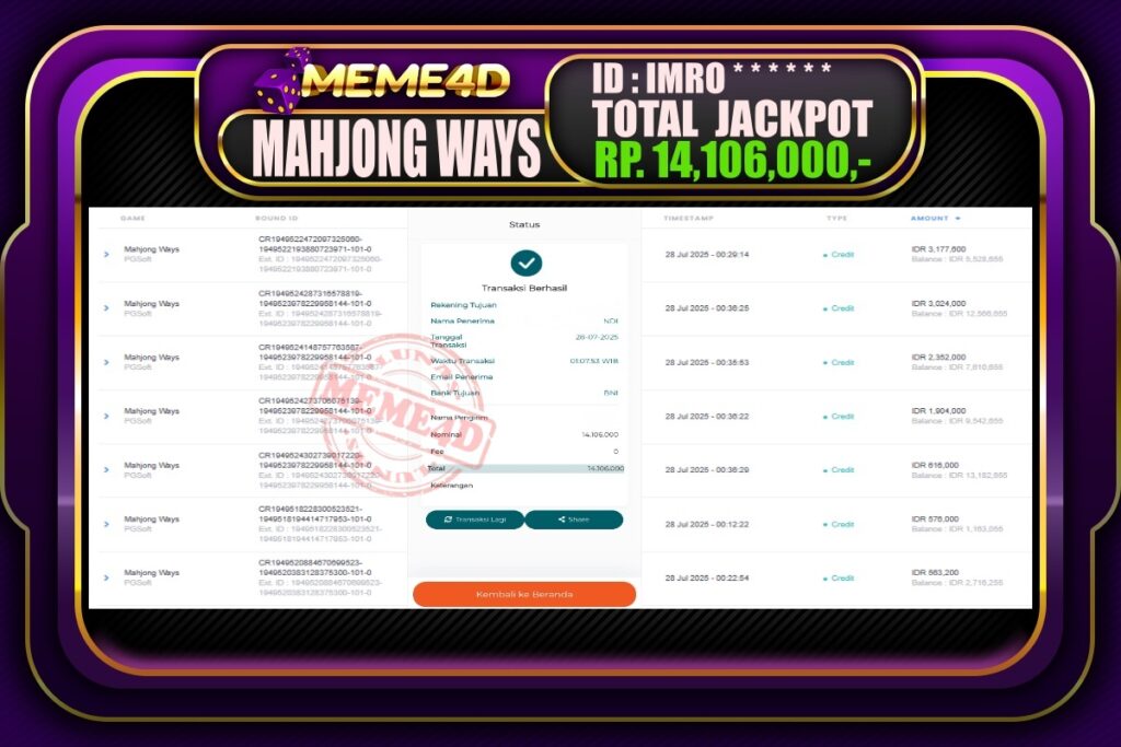 Bukti Jp MEME4D Slot Online 28 Juli 2025