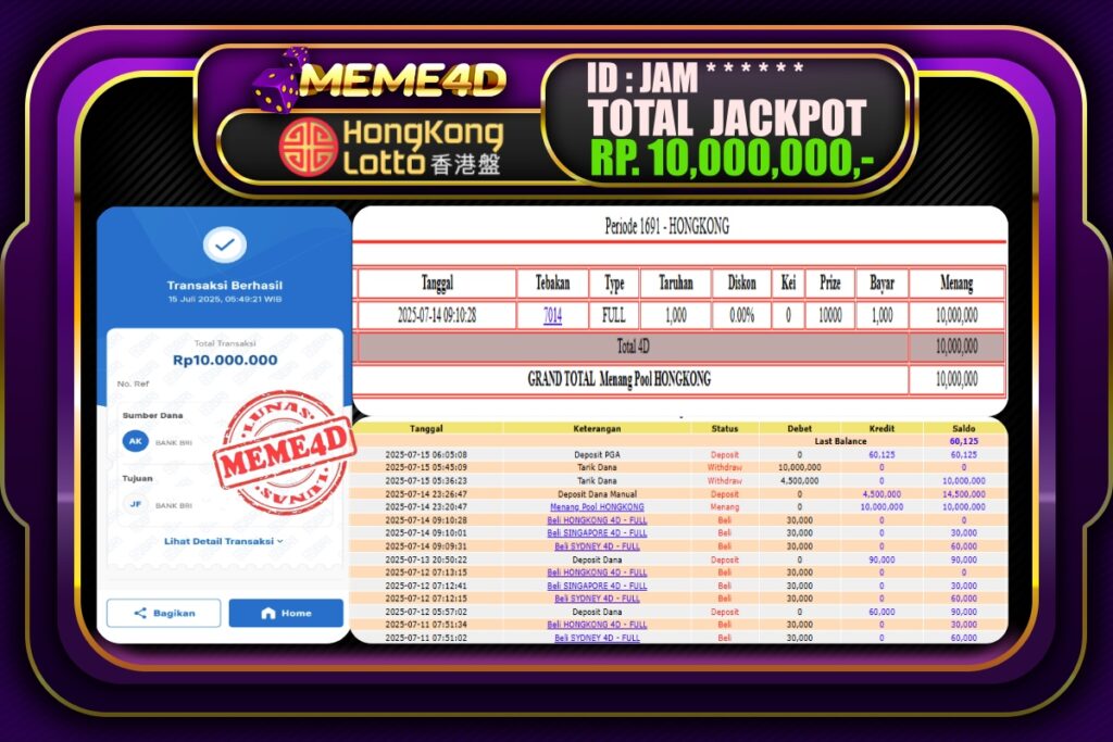 Bukti Jp MEME4D Togel Online 15 Juli 2025
