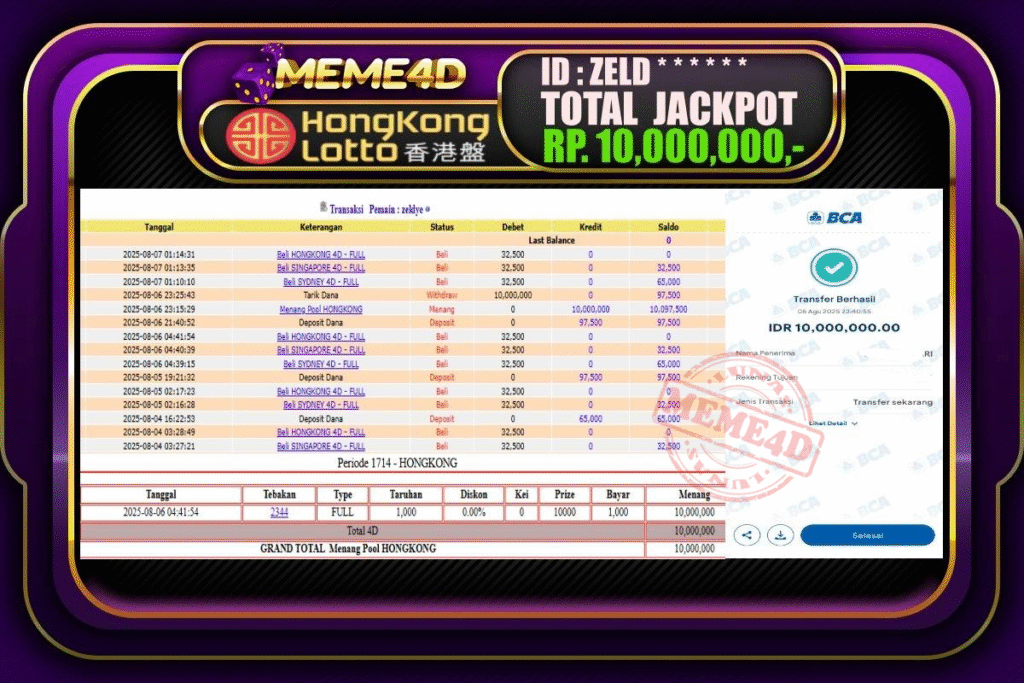 Bukti Jp MEME4D Togel Online 07 AGUSTUS 2025