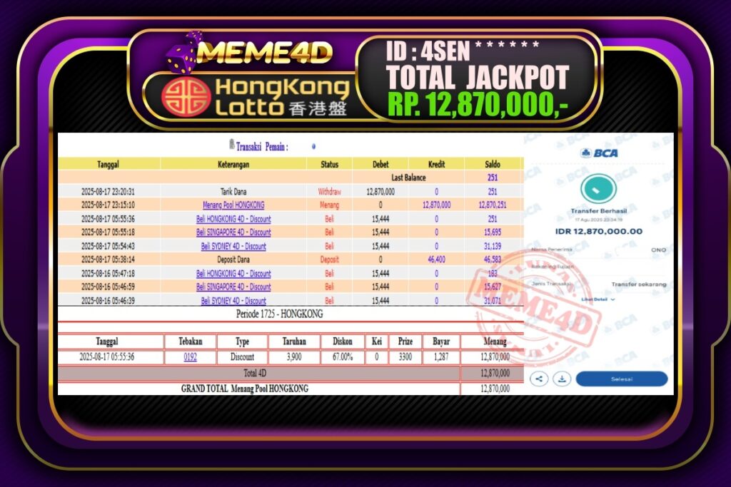 Bukti Jp MEME4D Togel Online 18 AGUSTUS 2025