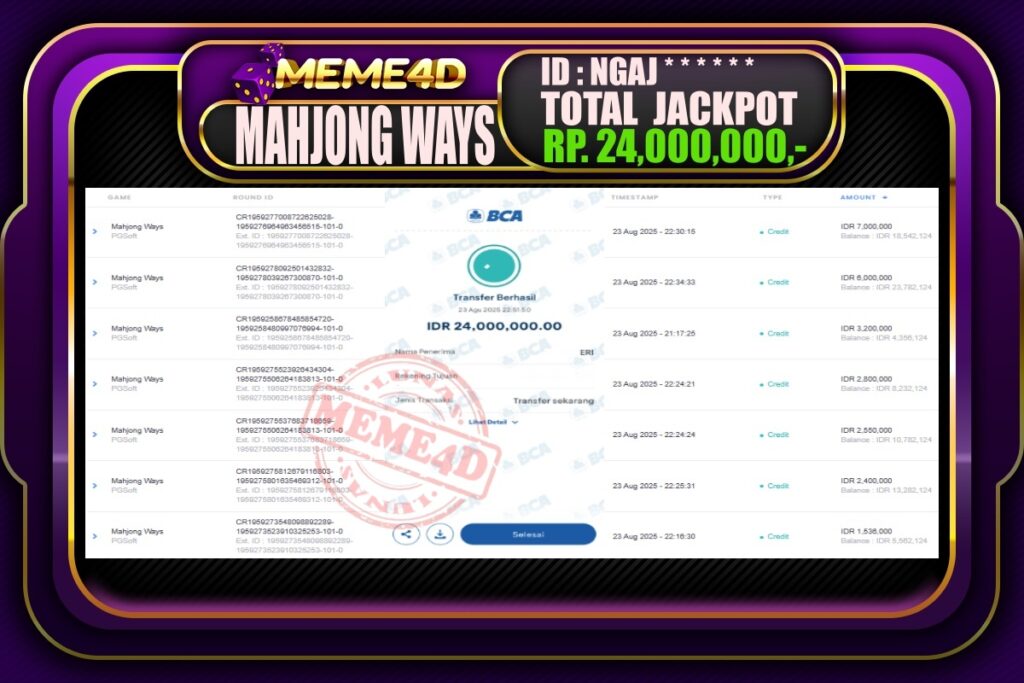 Bukti Jp MEME4D Slot Online 24 Agustus 2025