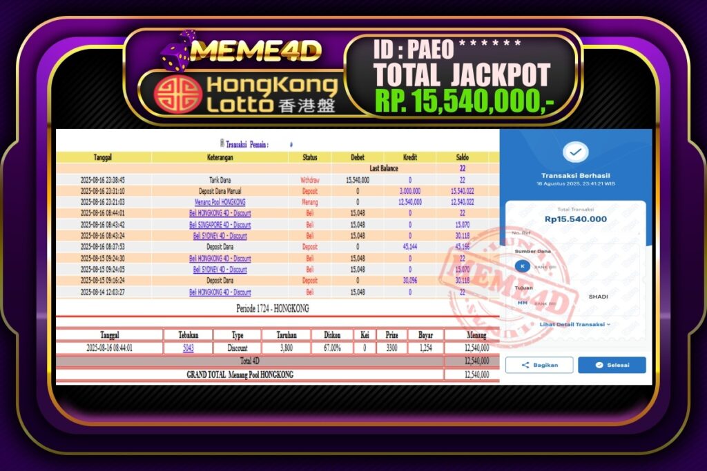 Bukti Jp MEME4D Togel Online 17 AGUSTUS 2025