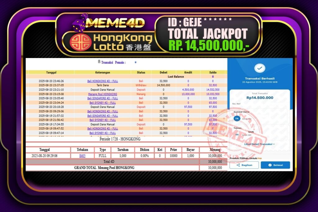 Bukti Jp MEME4D Togel Online 21 Agustus 2025