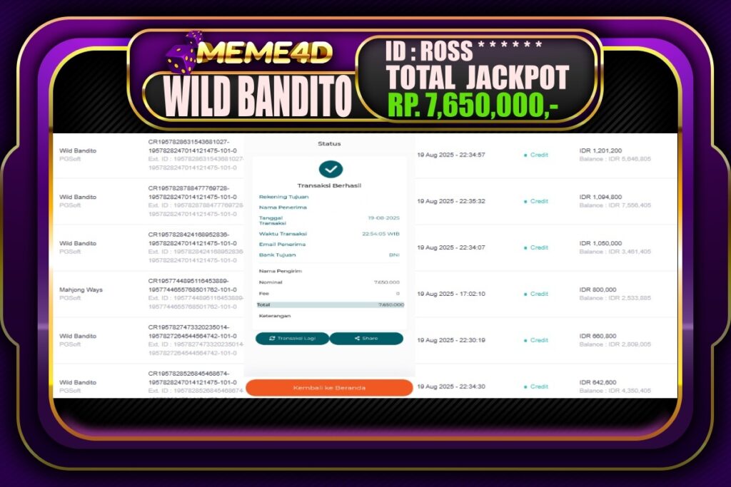 Bukti Jp MEME4D Slot Online 20 Agustus 2025