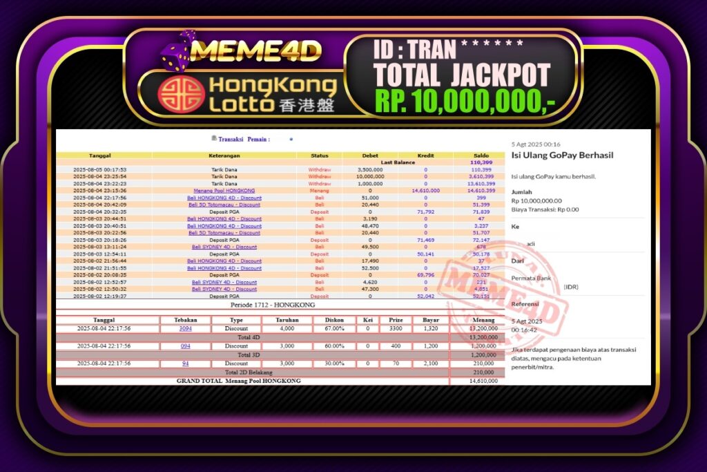 Bukti Jp MEME4D Togel Online 05 AGUSTUS 2025
