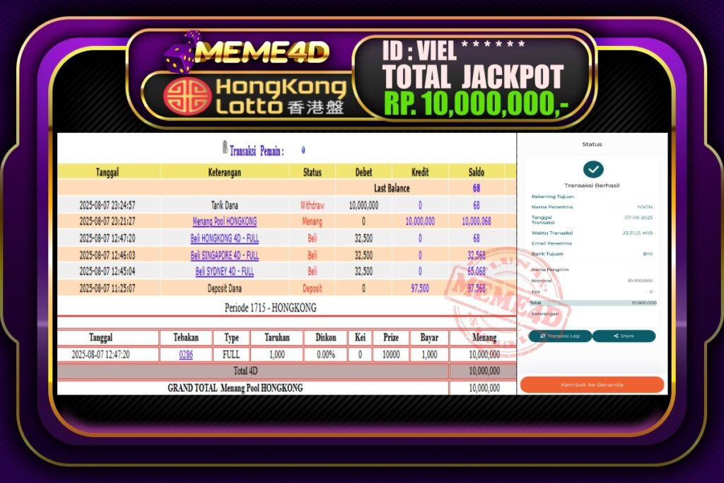 Bukti Jp MEME4D Togel Online 08 AGUSTUS 2025
