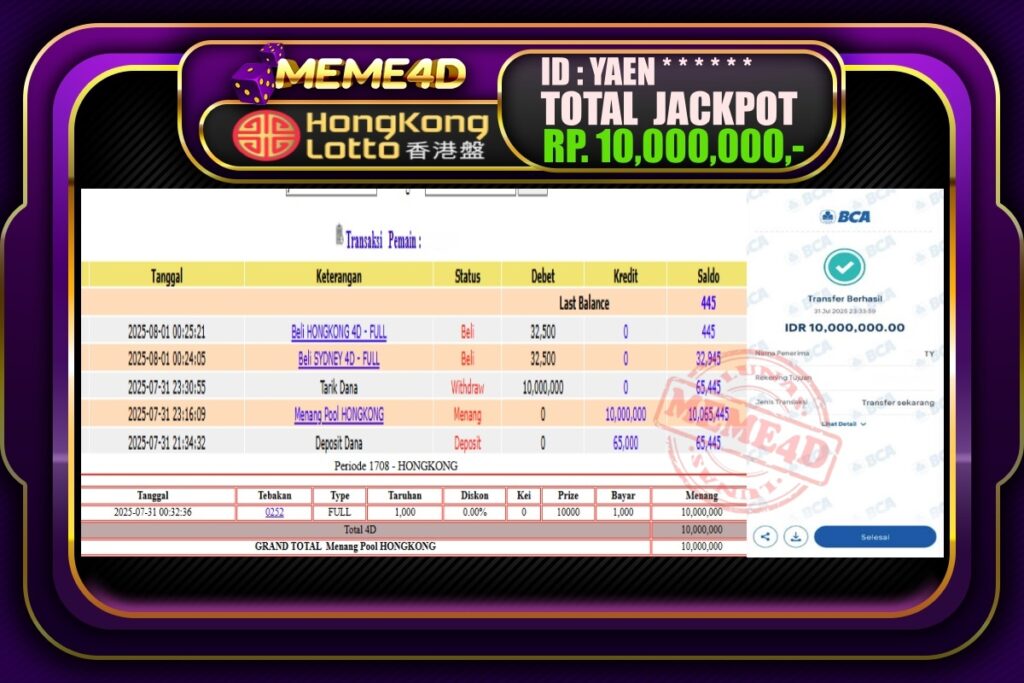 Bukti Jp MEME4D Togel Online 01 AGUSTUS 2025