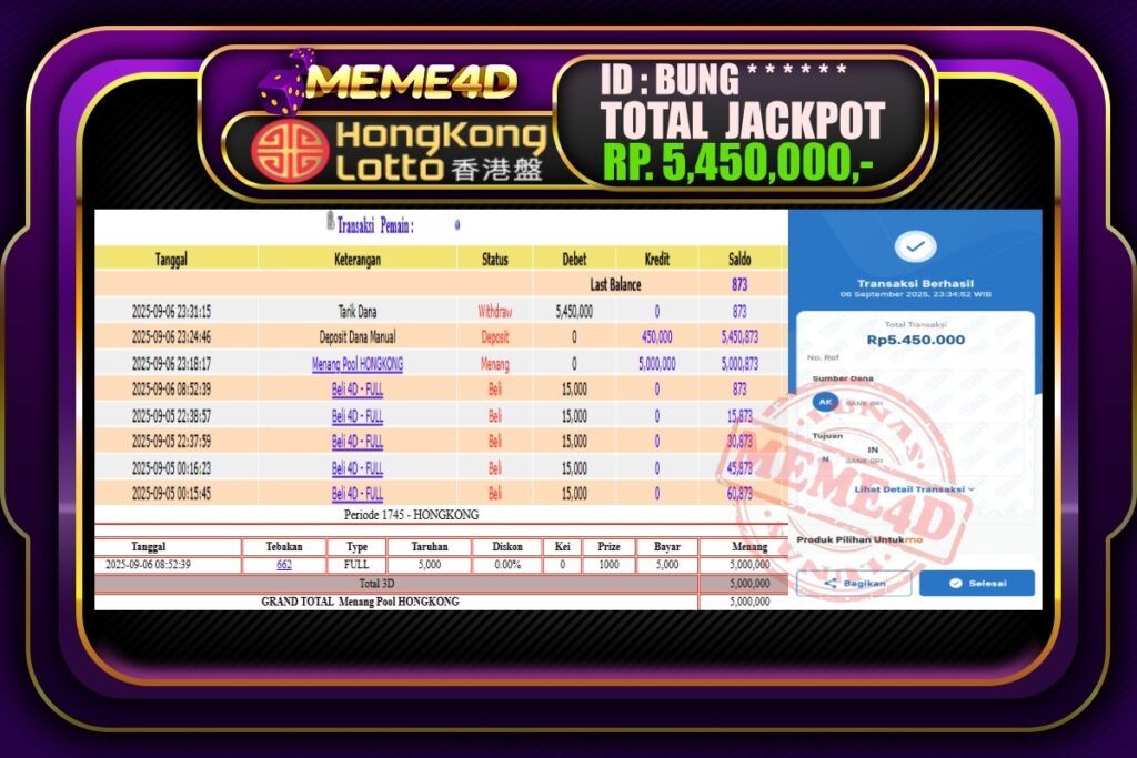 Bukti Jp MEME4D Togel Online 07 September 2025