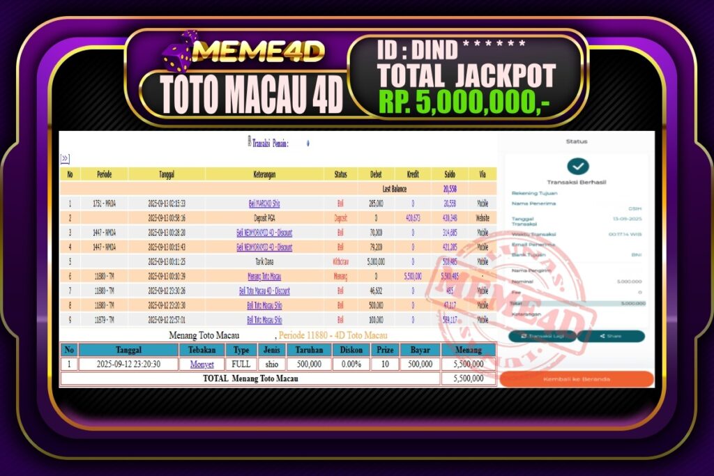 Bukti Jp MEME4D Togel Online 13 September 2025