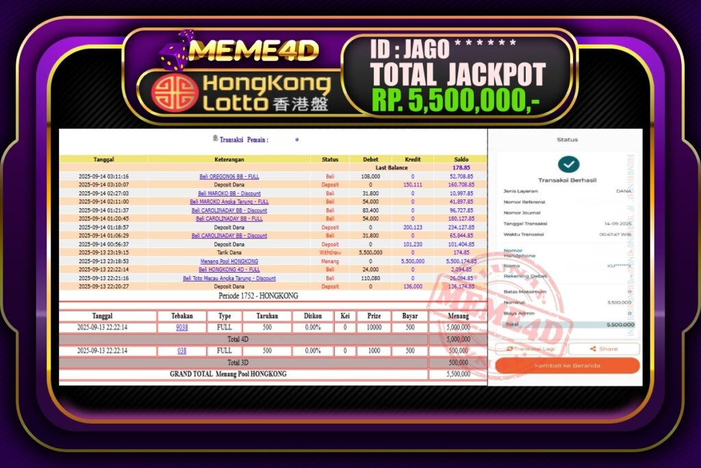 Bukti Jp MEME4D Togel Online 14 September 2025