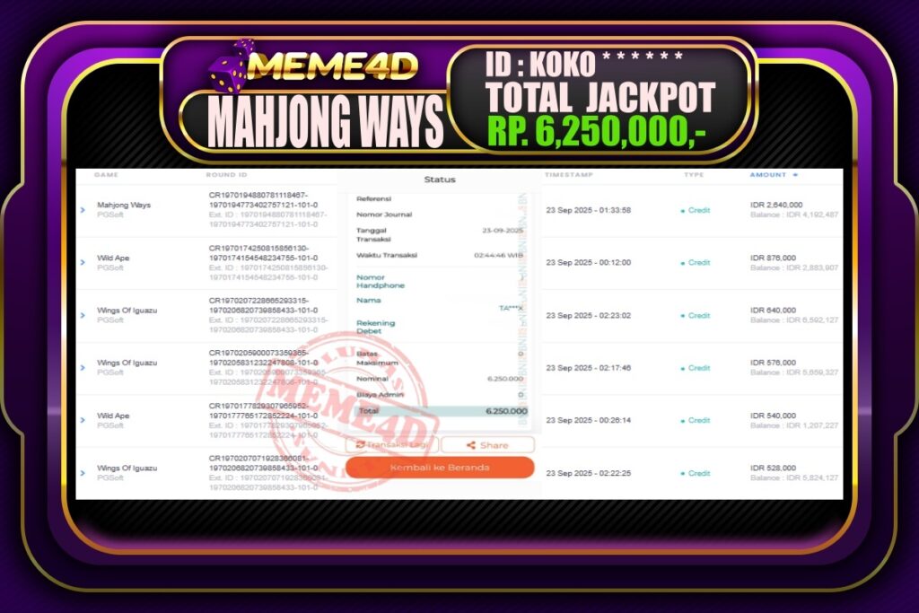 Bukti Jp MEME4D Slot Online 23 September 2025