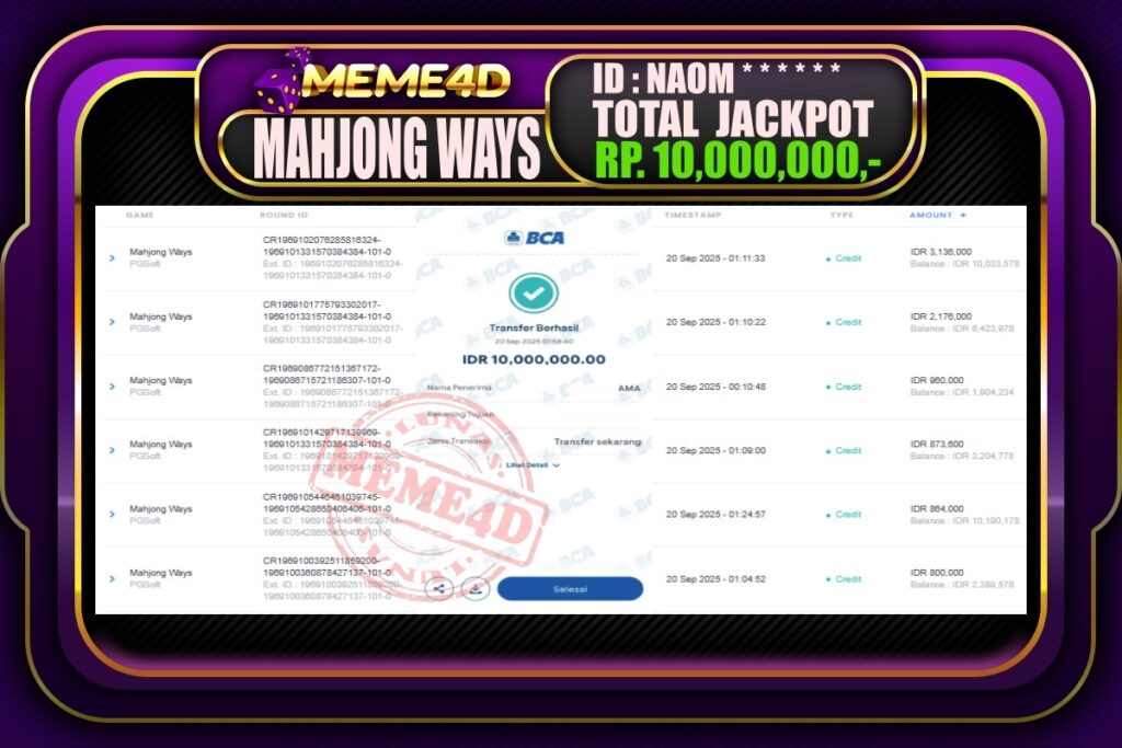 Bukti Jp MEME4D Slot Online 20 September 2025