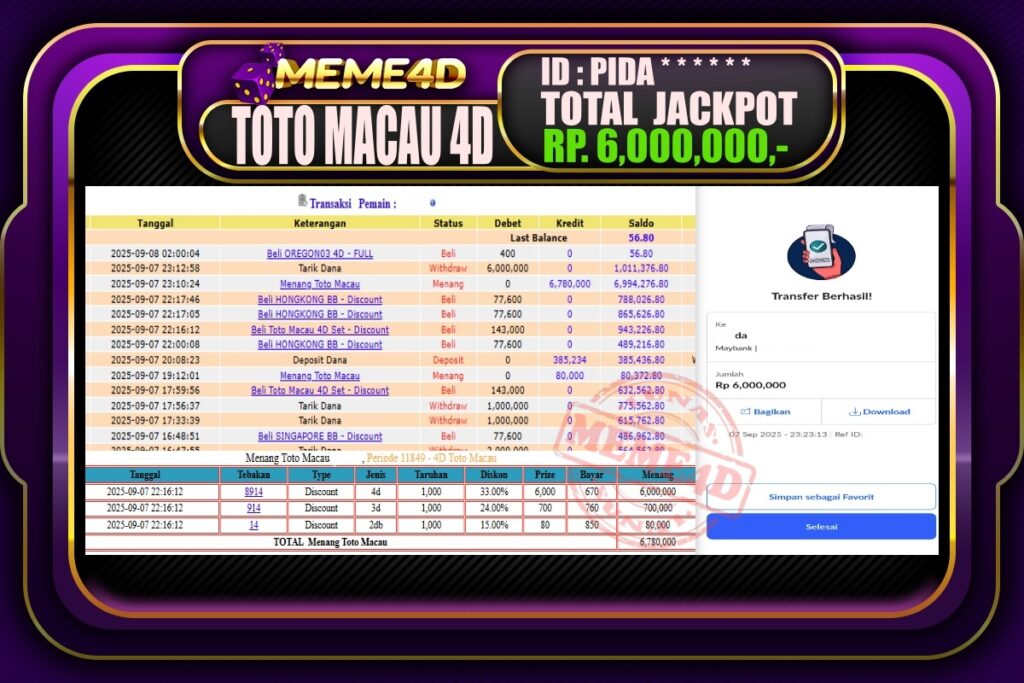 Bukti Jp MEME4D Togel Online 08 September 2025
