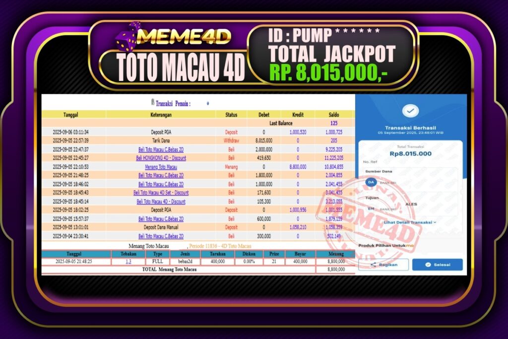 Bukti Jp MEME4D Togel Online 06 September 2025