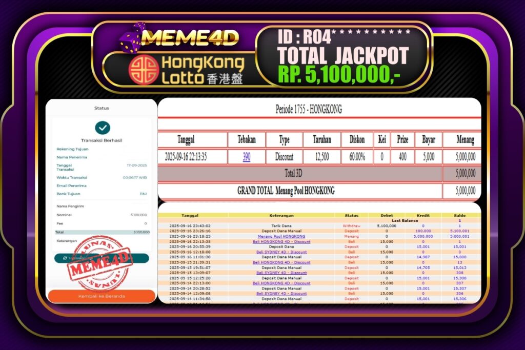 Bukti Jp MEME4D Togel Online 17 September 2025