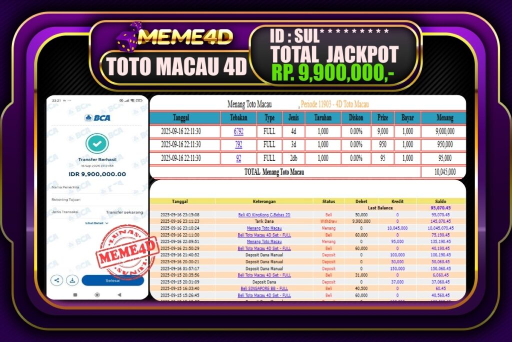 Bukti Jp MEME4D Togel Online 17 September 2025