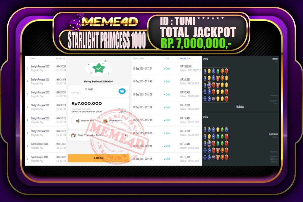 Bukti Jp MEME4D Slot Online 08 September 2025