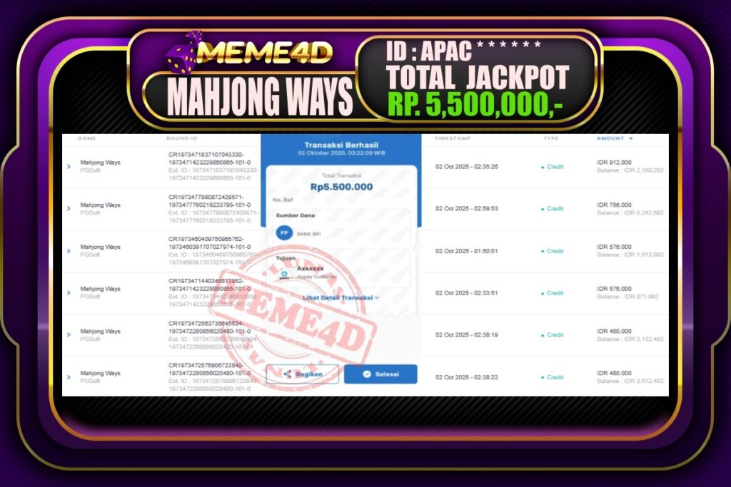 Bukti Jp MEME4D Slot Online 02 Oktober 2025