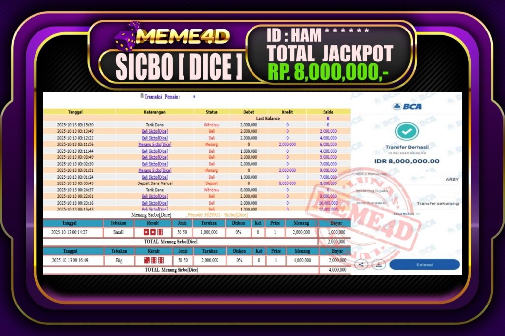 Bukti Jp MEME4D Casino Online 13 Oktober2025