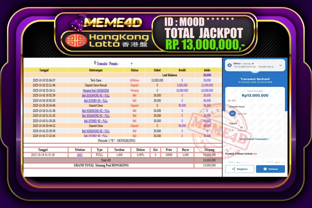 Bukti Jp MEME4D Togel Online 19 Oktober 2025