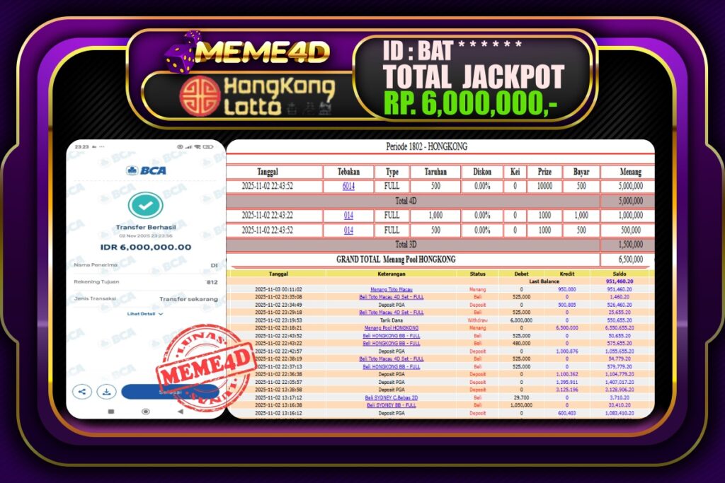 Bukti Jp MEME4D Togel Online 03 November 2025