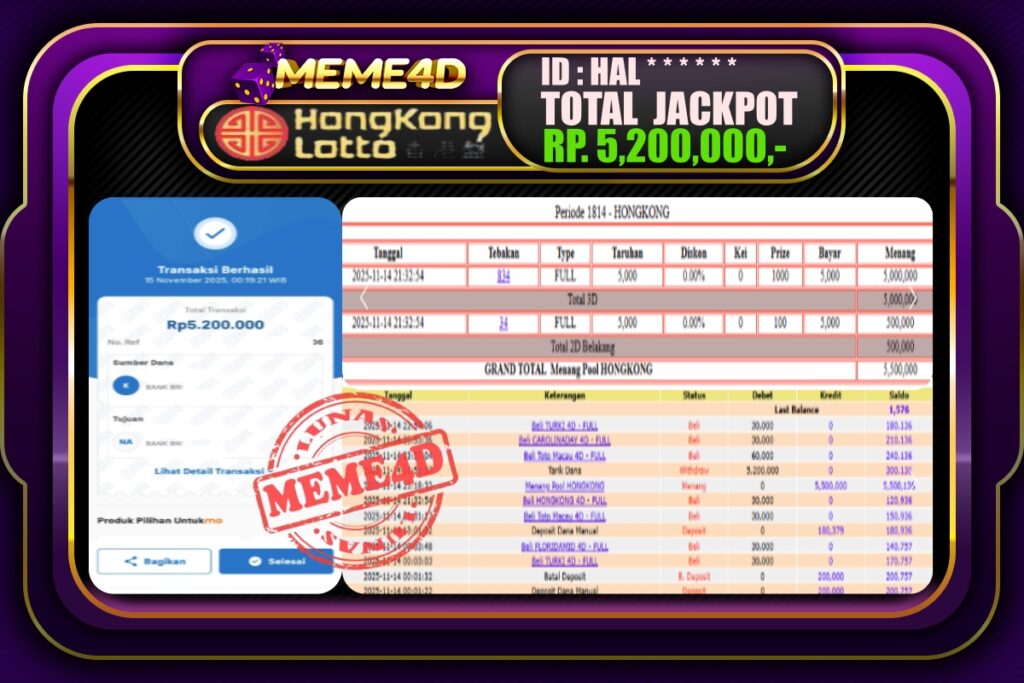 Bukti Jp MEME4D Togel Online 15 November 2025