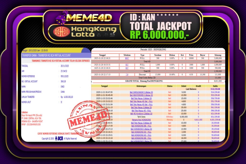 Bukti Jp MEME4D Togel Online 21 November 2025