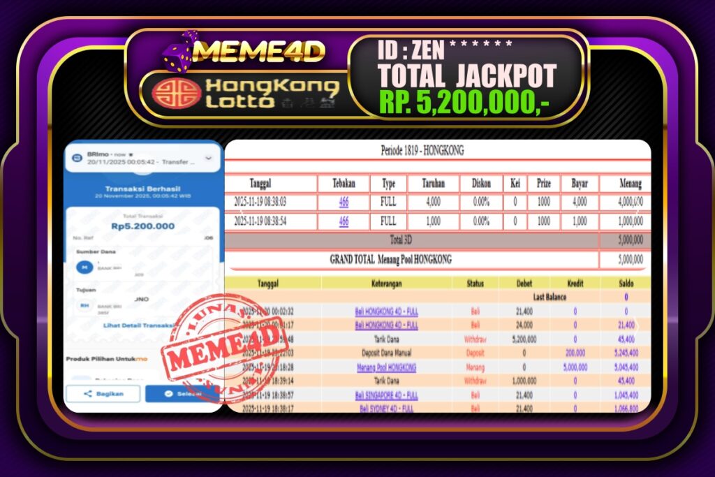 Bukti Jp MEME4D Togel Online 20 November 2025