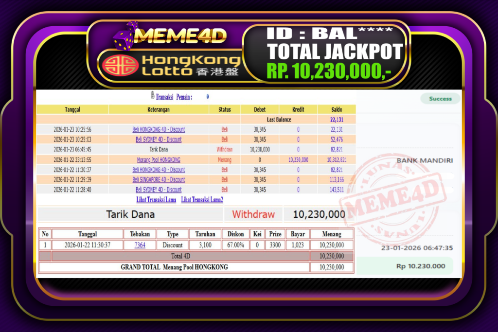 Bukti Jp MEME4D Togel Online 23 Januari 2026
