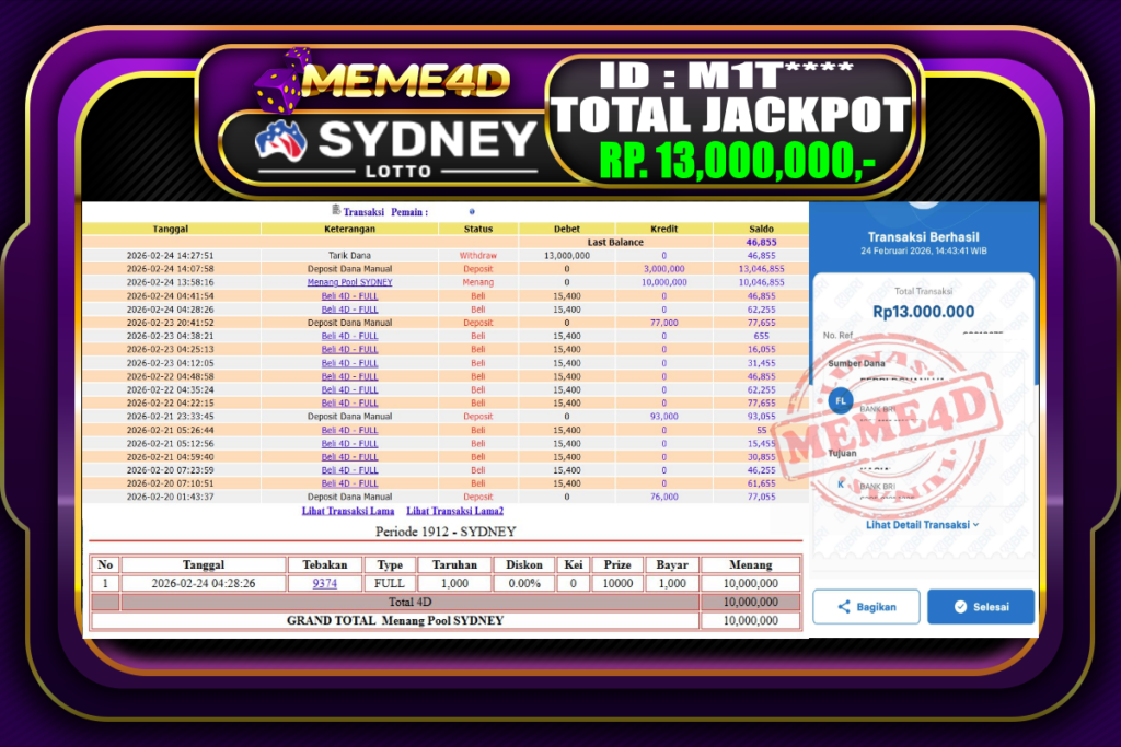 Bukti Jp MEME4D Togel Online 24 February 2026