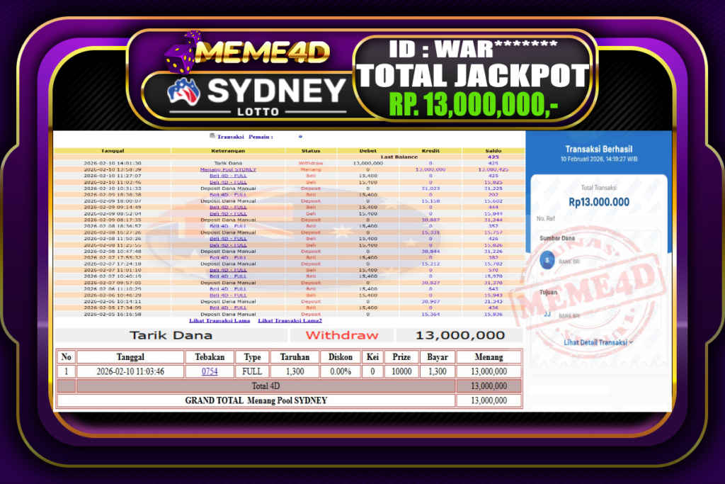 Bukti Jp MEME4D Togel Online 10 February 2026