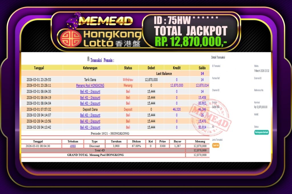 Bukti Jp MEME4D Togel Online 02 March 2026