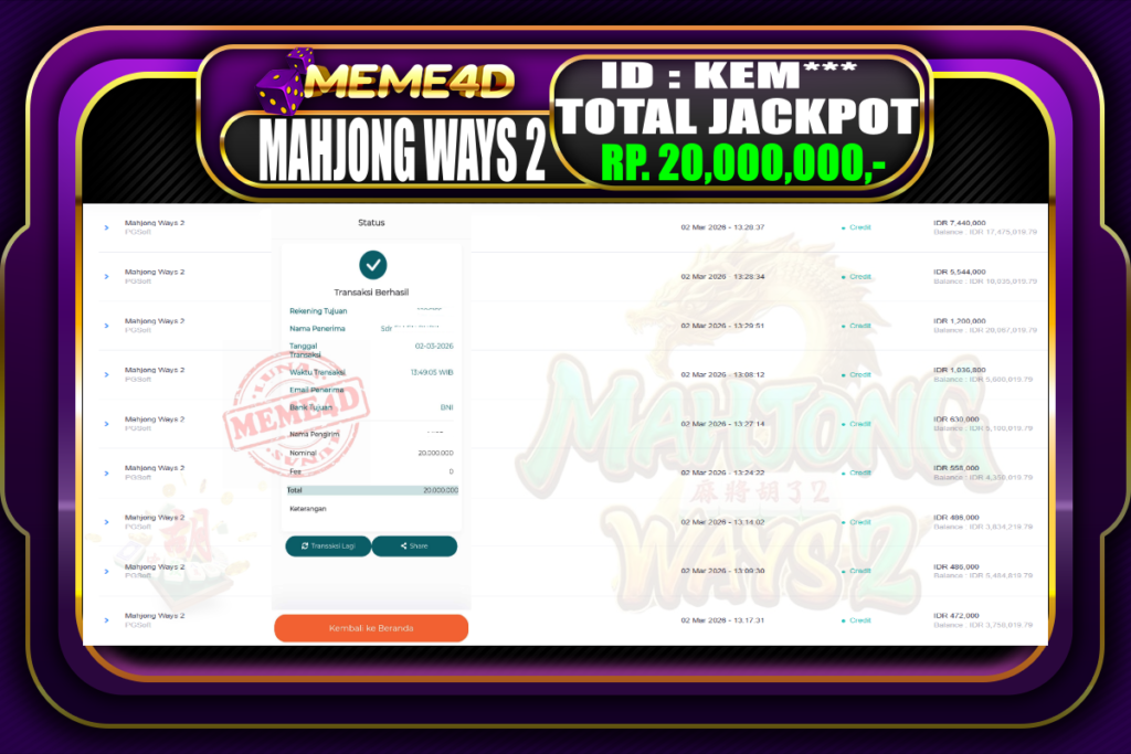 Bukti Jp MEME4D Slot Online 02 March 2026