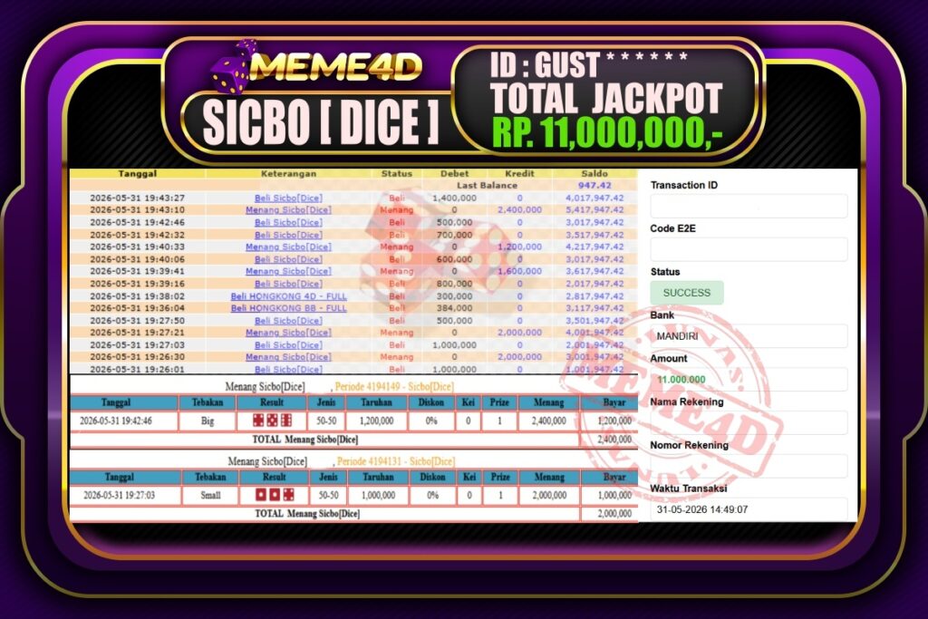 Bukti Jp MEME4D Casino Online 27 Mei 2026