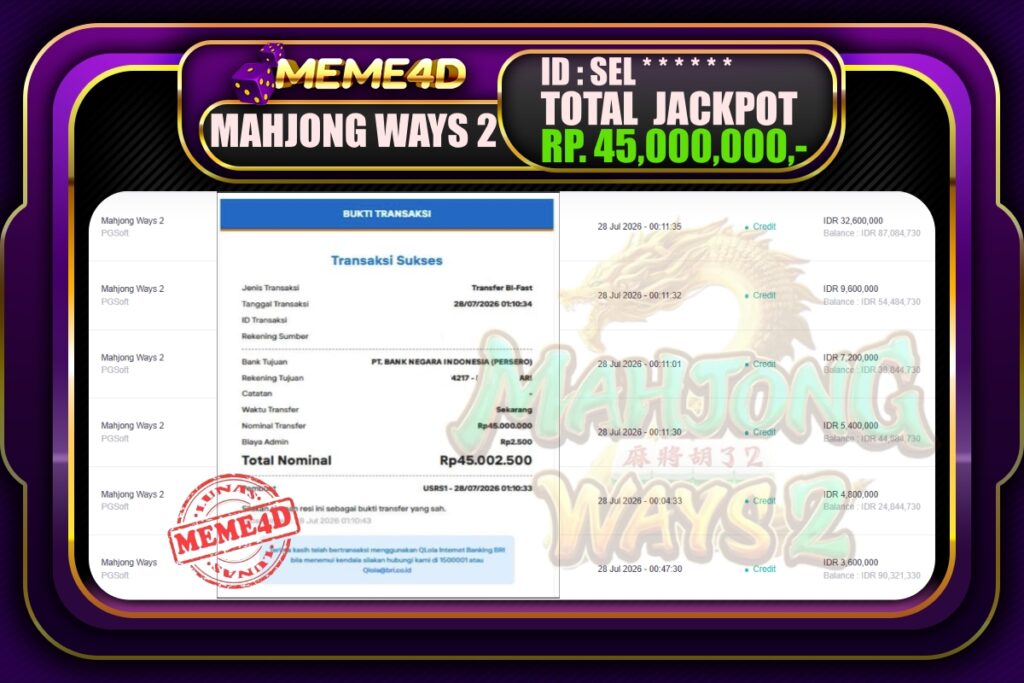 Bukti Jp MEME4D Slot Online 28 Juli 2026