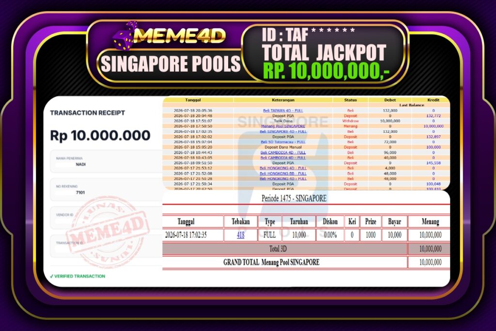 Bukti Jp MEME4D Togel Online 19 Juli 2026