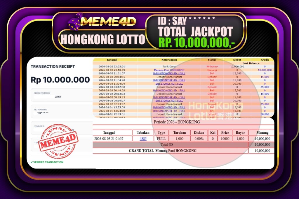 Bukti Jp MEME4D Togel Online 4 Agustus 2026