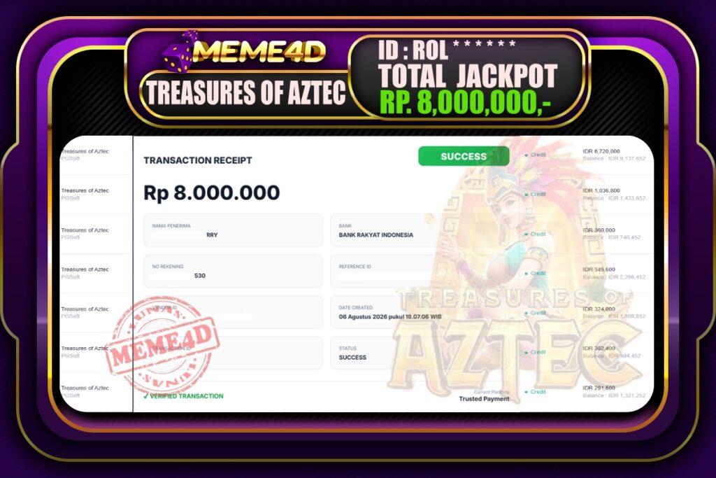 Bukti Jp MEME4D Slot Online 7 Agustus 2026