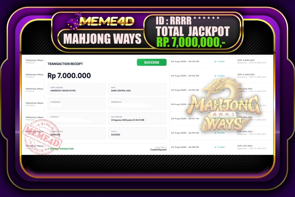 Bukti Jp MEME4D Slot Online 24 Agustus 2026
