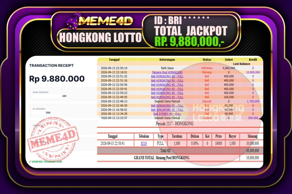Bukti Jp MEME4D Togel Online 14 September 2026