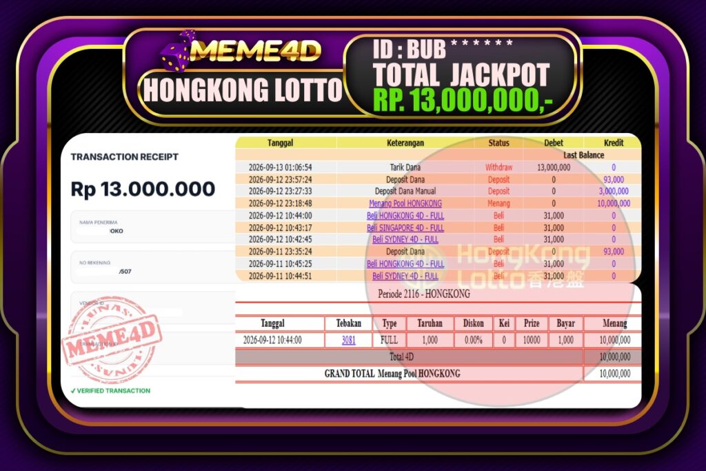 Bukti Jp MEME4D Togel Online 13 September 2026