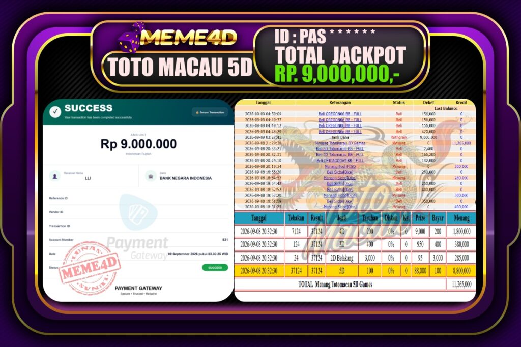 Bukti Jp MEME4D Togel Online 09 September 2026
